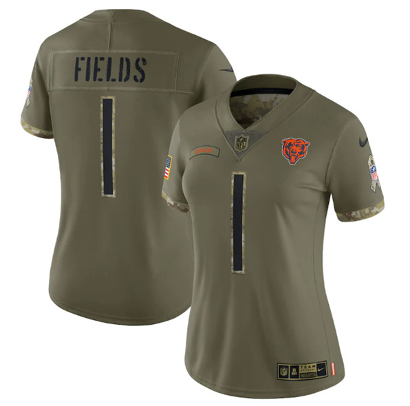 Women's Chicago Bears #1 Justin Fields 2022 Olive Salute To Service Limited Stitched Jersey(Run Small)